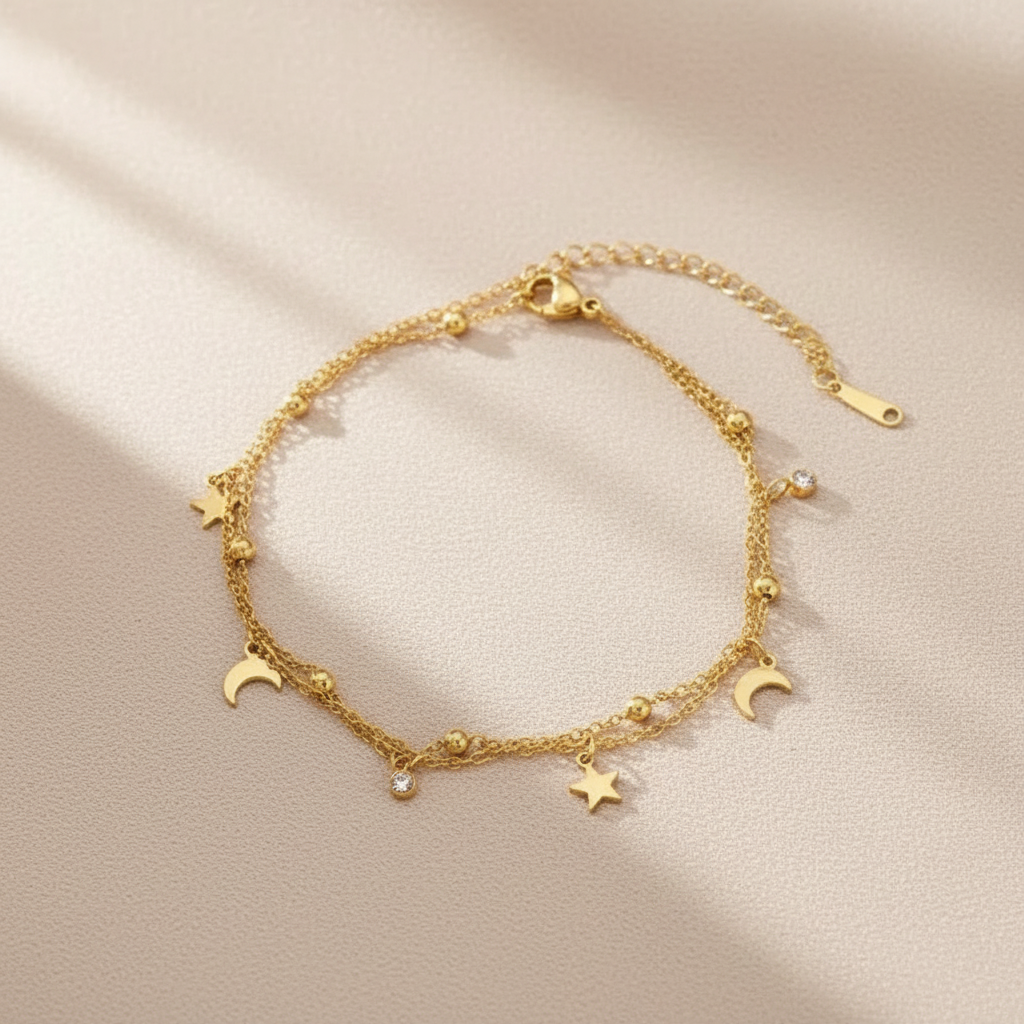 Bracelet Anklets de cheville en acier inoxydable doré avec breloques célestes - Minélia