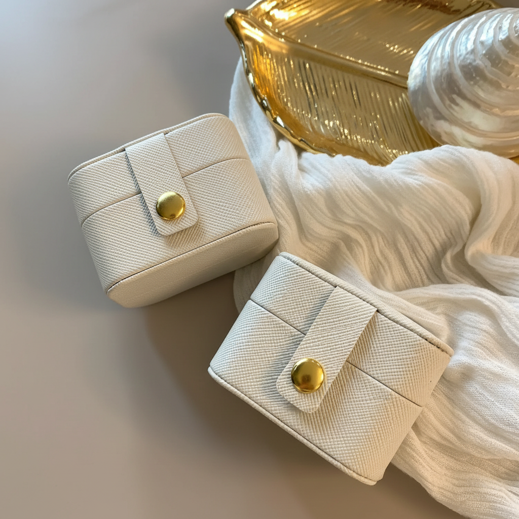 Boîte à Bijoux Mini Lit blanche en simili-cuir avec bouton doré - Minélia